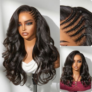 Side Braided Yaki Body Wave Glueless Ear-to-ear 13x6 Frontal HD Lace Wig Human Hair Flexi-Fit Drawstring Cap