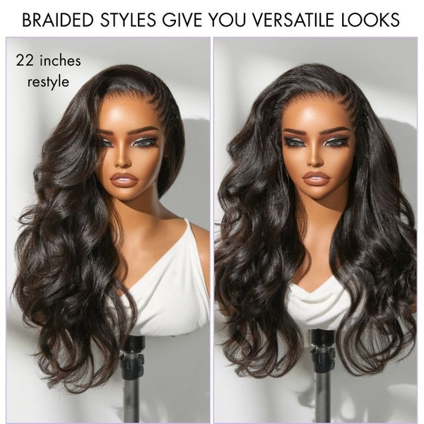 Side Braided Yaki Body Wave Glueless Ear-to-ear 13x6 Frontal HD Lace Wig Human Hair Flexi-Fit Drawstring Cap