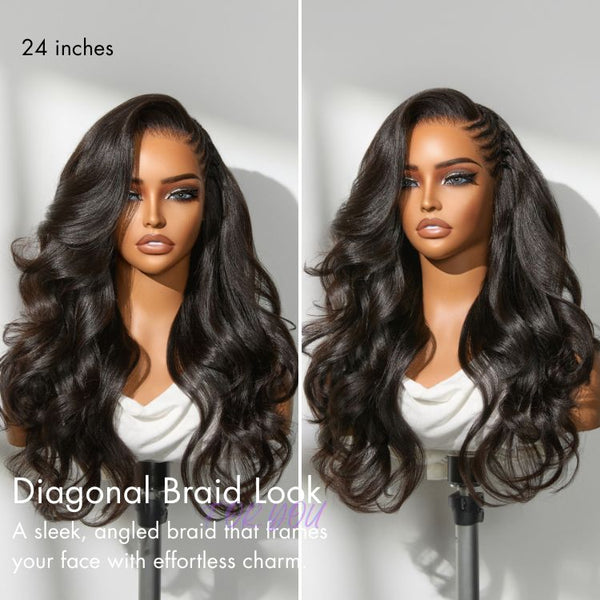 Side Braided Yaki Body Wave Glueless Ear-to-ear 13x6 Frontal HD Lace Wig Human Hair Flexi-Fit Drawstring Cap