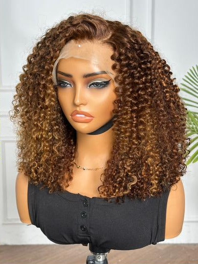 16" Honey Brown Pixie Curl HD Lace Front Wig – 100% Human Hair